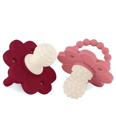 Soothipop Silicone Pacifier Teething Toys for Babies 0-6 Months 12 18 Months - (2 Pack) Pacifier Shaped Baby Teether Soft Teething Pacifiers for Babies Baby Teething Relief Flower (Blush & Berry) Flower Blush & Berry