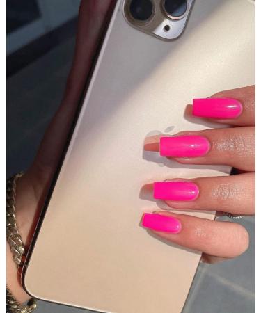 Hot Pink Medium Long Square Press On Nails - Glossy Coffin Style with Xcreando Glue - Perfect Fake Nails for Women and Girls - Buy Online on GoSupps.com