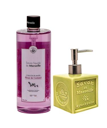 Maison Du Savon De Marseille Cherry blossom liquid soap with green ceramic soap dispenser 1 liter refill and 300 milliliter dispenser