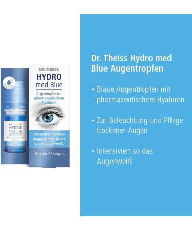 Dr. Theiss Hydro Med Blue Eye Drops | Hyaluronic Acid for Dry Eyes | Intensifies Eye Whiteness | Reduces Redness | Preservative-Free Eye Relief - Buy Online on GoSupps.com