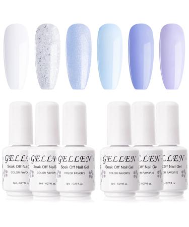 Gellen Gel Nail Polish Kit - 6 Colors Summer Nail Polish Set, Natural Blues Purples Gel Polish Kit, Soak Off Gel Nail Kit, Manicure DIY Home Salon, Light Violet Colors Ice Crystals