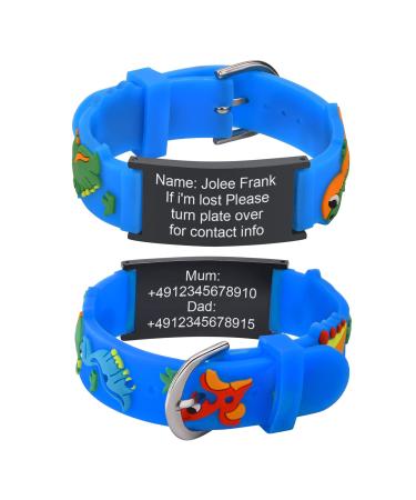 Kids Bracelet Safety ID Wristbands - Cusromised Outdoor Anti-Lost Wristband with Silicone Cartoon Pattern Personalised Medical Alert Bracelets with Emergency Contact Information For Child Boys Girls Blue Black-dinosaur
