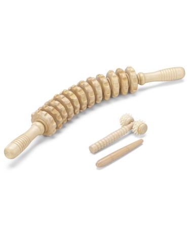 Navaris Massage Roller 3 Set made of wood - massage roller with handle - massage wood 3 pieces - massage stick fascia rod massage roller - wood massage roller with bag