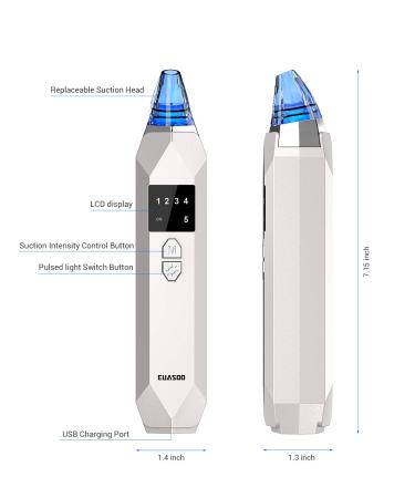 EUASOO Blackhead Remover Vacuum Kit | USB Rechargeable Facial Pore Cleanser with 5 Probes and 5 Suction Power Levels for Skin Treatment - Buy Online on GoSupps.com