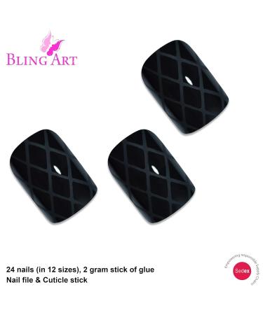 Buy Matte Black False Nails - 24 Squoval Bling Art Medium Tips with Glue | International Shipping - Buy Online on GoSupps.com