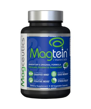Magtein Magnesium L- Threonate - Bioavailable and 100% Water Soluble Magnesium - Clear Brain Fog, Improve Memory, Focus and Attention, Support Sleep and Mood  30 Day Supply- 60 ct. Veggie Capsules