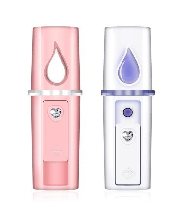 2 Pcs Nano Facial Mister Summer Portable Mini Face Mist Handy Sprayer Face Hydration Spray with USB Rechargeable Mirror Function for Skin Care Eyelash Extension Makeup(Pink White)