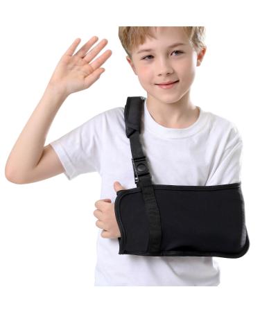 Kids Arm Sling Shoulder Immobilizer for Left or Right Arm Comfortable Relief for Shoulder Elbow Injury Rotator Cuff Surgery Broken Wrist and Hand Adjustable Padded Straps Fit Boys and Girls (Black) (Small)