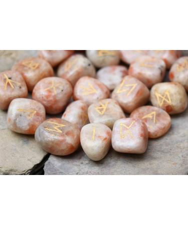 Crocon Sunstone gemstone tumbled Rune Stones Set with Elder Futhark Alphabet Engraved Symbol (25 Pcs) gift feng shui reiki stone set with a pouch & runes brochure Size :- 20-25 mm Approx - Buy Online on GoSupps.com