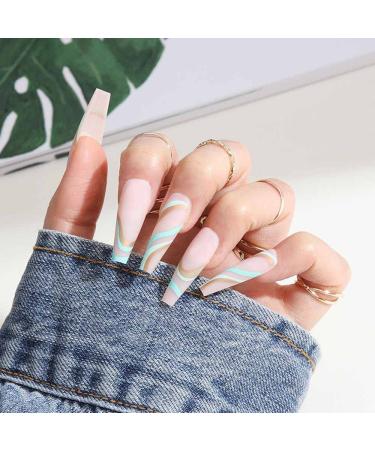 Sinlov 24 pieces coffin art nail nude pink swirl glossy press on false nails long ballerina artificial finger nails full cover false nails art nail tips for women (swirl 2)