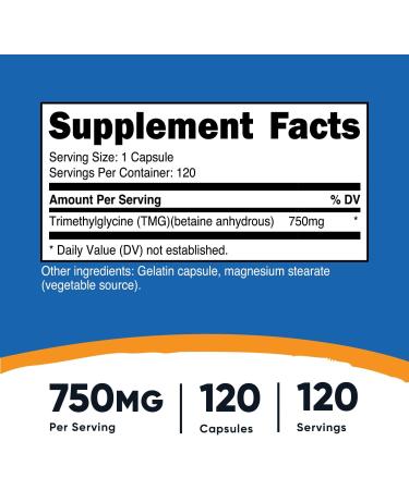Nutricost TMG (Trimethylglycine) 750mg - 120 Capsules Unflavored | Premium Supplement for Energy & Wellness - Buy Online on GoSupps.com