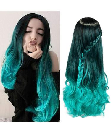HANNE Ombre Bluish Green Wigs Long Wavy Synthetic Wigs For Women Heat Resistant Glueless Synthetic Hair High Density Body Wave Aqua Teal Wigs (Ombre Green)