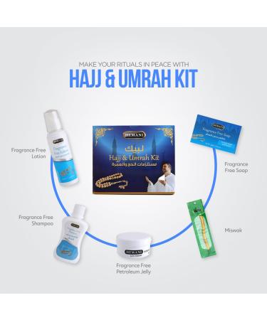 HEMANI Hajj & Umrah Kit - 5-in-1 Fragrance Free Soap Shampoo Lotion Petroleum Jelly & Miswak Stick for International Shipping - Buy Online on GoSupps.com