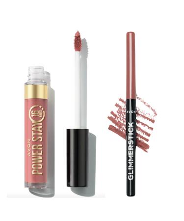AVON Power Stay Liquid Lip Colour 16 HOURS and Glimmerstick Lip Liner SET! (Cant Quit Cafe-Blushed Nude)