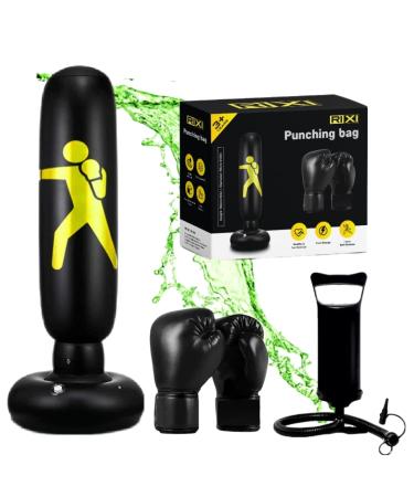 Rixi Punching Bag for Kids 63 inch Black-Yellow Ninja Inflatable Kids Punching Bag Set 3 in 1 for 3-8 and 8-12 Years Old with Bounce -Back Action Boxing Gloves and air Pump Included