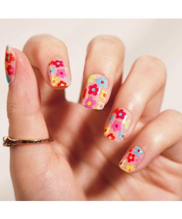 24Pcs Colorful Flower Square Press on Nails - Cute Floral Designs, Reusable Artificial Nails - Style 10 - Buy Online on GoSupps.com