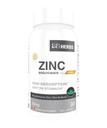 Zinc Bisglycinate  Highest Absorption  Non Buffered  Premium Grade - 90 Veg Caps  25 mg (Elemental Zinc)