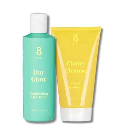 BYBI Beauty Day Glow Exfoliating AHA Face Toner (150ml) & Clarity Cleanse Facial Cleanser (150ml) - Award-Winning Vegan Skincare Set for Dry Dull Skin - Brightening Soothing