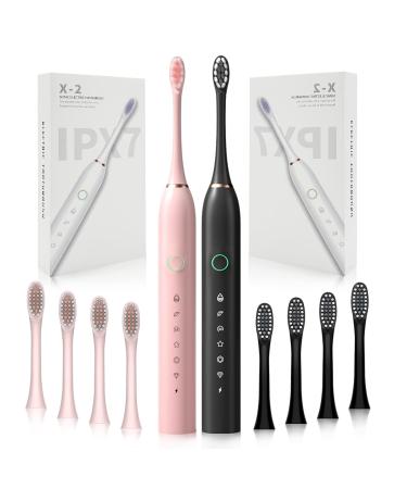2 Pack Rechargeable Electric Toothbrushes for Adults and Kids Sonic Whitening Tooth Brush with 8 Brush Heads 6 Cleaning Modes and Smart Timer Waterproof Cleaning Toothbrushes Set(pink black)