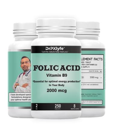 DrPKLyfe Folic Acid Tablets for Energy Pregnancy & Nutritional Support 2000 mcg Folate Vitamin B9 Prenatal Formula 250 Tablets (8-Month Supply)