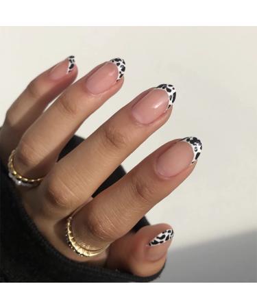 BABALAL Round Press on Nails Short Fake Nails Cow Print French Tip Glue on Nails 24Pcs Oval Acrylic Nails for Women and Girls FNG101cow