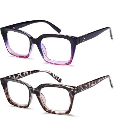 2 Pairs Oversized Retro Blue Light Blocking Reading Glasses 2.75 for Women & Men - Square Style Oprah Readers in Purple & Leopard Print - Buy Online on GoSupps.com