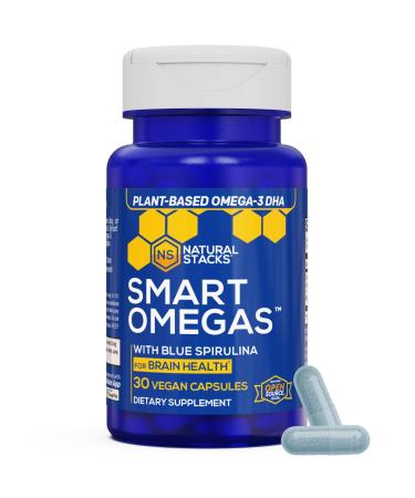 NATURAL STACKS Smart Omegas - Omega 3 Supplement w/ 200mg DHA & 200mg Blue Spirulina - Plant Based Algae Oil Omega 3 Supplement - Fish Oil Free Antioxidant Support - 30 Blue Spirulina Capsules