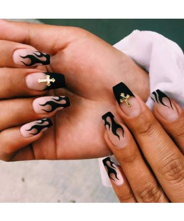 Coffin False Nails Flame Cross Fake Nails Press on Nails Ballerina Acrylic Full Cover Stick on Nails 24pcs for Women and Girls (Color : Black Size : 24 Count (Pack of 1)) 1 count (Pack of 1) Black