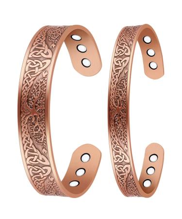 Vicmag 2PCS Lymphatic Drainage Copper Magnetic for Men Women Ultra Strength Magnetic 99.99% Solid Pure Copper Cuff Bangles (Adjustable Size with Gift Box) (Tree Copper)