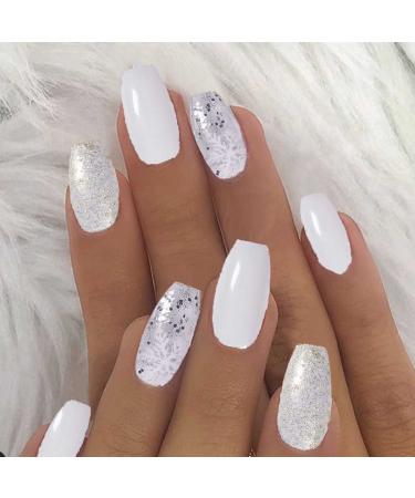 Buffenia Artificial Fingernails - Long Coffin Ballerina Acrylic Nails with Glitter & Snowflake Design | 24 Pieces for Women & Girls - Buy Online on GoSupps.com