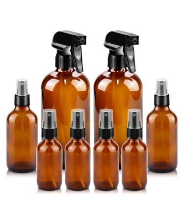 Glass Spray Bottles, 16oz*2+4oz*2+2oz*4 Refillable Containers, Empty Boston Round Bottles with Adjustable Nozzle for Cleaning, Gardening, Aromatherapy, Pets, Plant, Hair -Amber