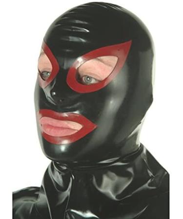 Latex hood rubber mask with contrasting stripes around eyes and mouth black with zipper Black With Zipper