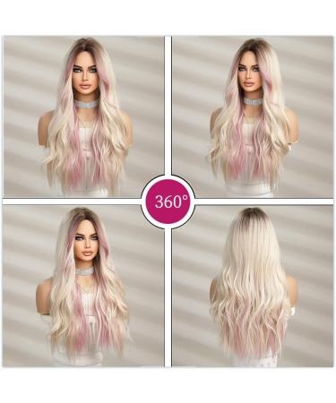 Esmee Long Wavy Blonde Pink Highlight Synthetic Wig - Heat Resistant for Women - Ideal for Daily, Party, Cosplay - Buy Online on GoSupps.com