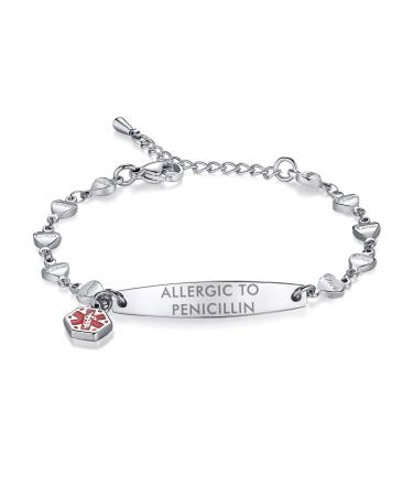 mnmoom Fashion Love Heart Allergic to Penicillin Bracelet for Women Adjustable Medical ID Bracelets 6.5-8 inch