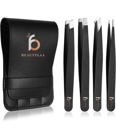 Beautylaa Tweezers for Men and Women Professional Anti-Rust Stainless Steel Tweezer with Travel Case for Eyebrows and Facial Hair Precision Sharp Splinter Tweezer for Ingrown Hair Removal 4 Pack