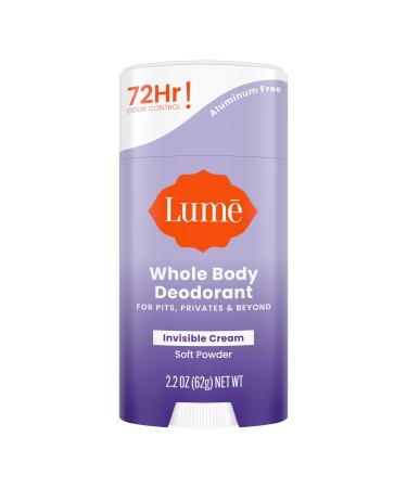 Lume Whole Body Deodorant - Invisible Cream Stick - 72 Hour Odor Control - Aluminum Free  Baking Soda Free  Skin Safe - 2.2 ounce (Soft Powder)