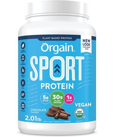 Orgain Chocolate Sport Plant-Based Protein Powder - 30g of Protein  Made with Organic Turmeric  Ginger  Beets  Chia Seeds  Brown Rice & Fiber  Vegan  Made Without Gluten & Dairy  Non-GMO  2.01 lb