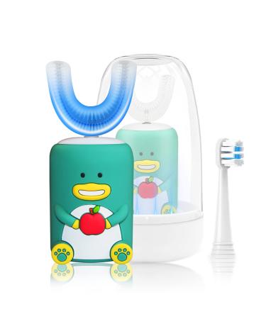 Kids Electric Toothbrushes, U Shaped Ultrasonic Toothbrush, Rechargeable Kids Toothbrush, with 2 Brush Heads, Bring a Mouthwash Cup |Smart Timer| IPX7 Waterproof, Toddler Toothbrush Age 2-6 Aged 26 (Kids) Green