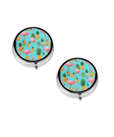 (Flamingo Printed) Round Pill Box 3 Compartment Pill Box Mini Decorative Pocket Purse Portable Travel Medicine Tablet Vitamin Holder Organizer Pill Case