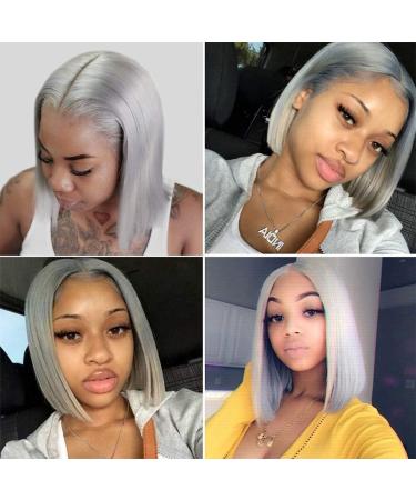 Gray Lace Front Human Hair Bob Wig - 8 Inch Brazilian Virgin Straight Hair for Women - Buy Online on GoSupps.com