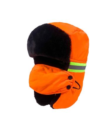 Trooper Trapper Hat for Men Ushanka Russian Ski Hunting Hat with Earflaps Windproof Mask Women Warm Winter Hat Bomber Fur Hat 3-in-1 Orange, With Reflective Strip