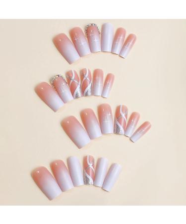 Ombre Press on Nails - Long Square Fake Nails with French Designs & Glitter - 24Pcs Acrylic Nude Pink - Rhinestone Full Cover for Women & Girls - Buy Online on GoSupps.com