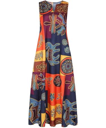 Women's Plus Size Vintage Graphic Print Maxi Dress | Sleeveless Beach Long Dress with Pockets | 3X-Large | Yellow - Buy Online on GoSupps.com