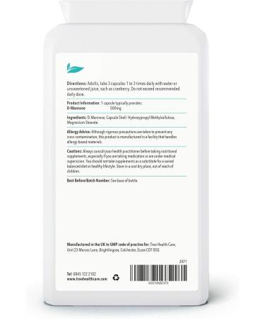 D-Mannose 500mg Supplement - 180 Capsules - Vegan Support for Men & Women - UK Made to GMP Standard - Buy Online on GoSupps.com