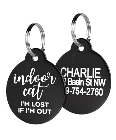 GoTags Personalized Cat Tags, Indoor Cats Lost if I'm Out, up to 4 Lines of Custom Text Engraved on Both Sides, Anodized Aluminum Pet ID Tag, Round Black Aluminum