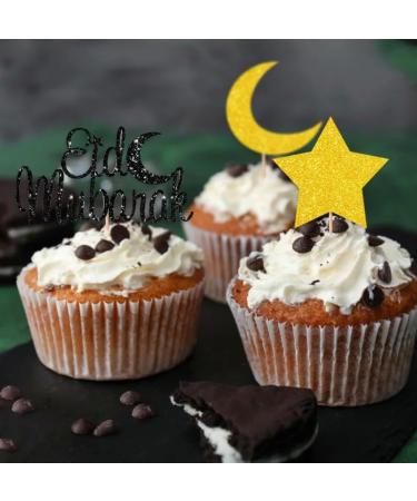 6 Pcs Eid Mubarak Cupcake Toppers Gold Black Glitter Moon Star Eid Mubarak Cupcake Toppers Eid Cake Toppers Eid Cupcake Charms Eid Cake Decorations UK. - Buy Online on GoSupps.com
