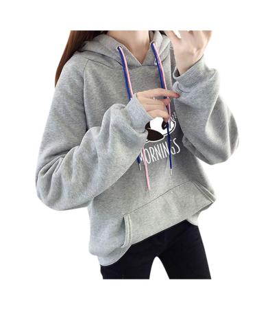 Bigfanshu Women's Dresses Autumn Hoodies Character Print I Hate Morinings Sweatshirt with Pocket Gray