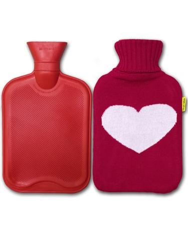 AQUAPAPA Large 1/2 Gallon Classic Non Toxic Natural Rubber Hot Water Bottle with Big Heart Red Knit Cover  2 Liters  Great for Pain Relief  Hot and Cold Therapy