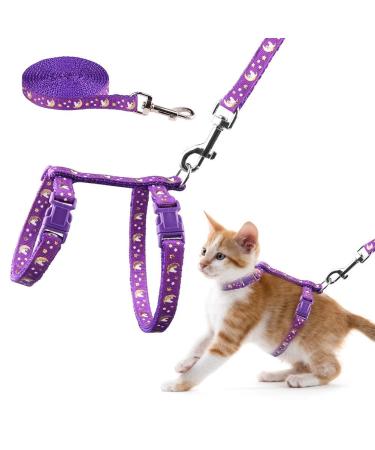 Basuppit Cat Harness and Leash Set Gold Moons Stars Soft Nylon Escape Proof Adjustable for Kittens Small Animals Glow in The Dark (Purple)