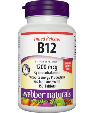 Webber Naturals Vitamin B12 1 200 mcg 150 Tablets Supports Energy Production and Metabolism Gluten Free Non-GMO Vegan